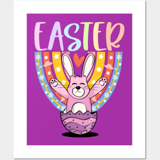 Rainbow Bunny Easter Egg with Bunny-Ears and Pastel Rainbow Posters and Art